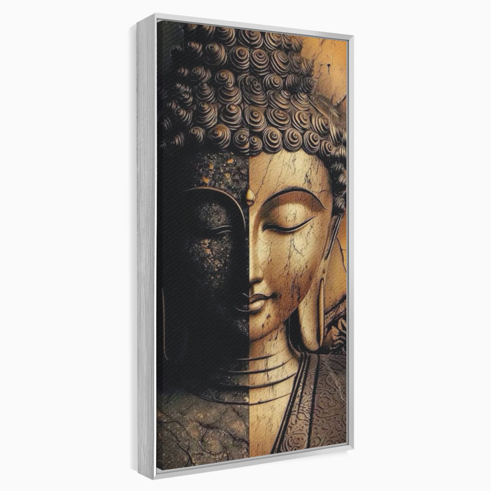 Tablou canvas cu tablou canvas cu chipul lui buddha in doua culori, in rama de aluminiu argintiu